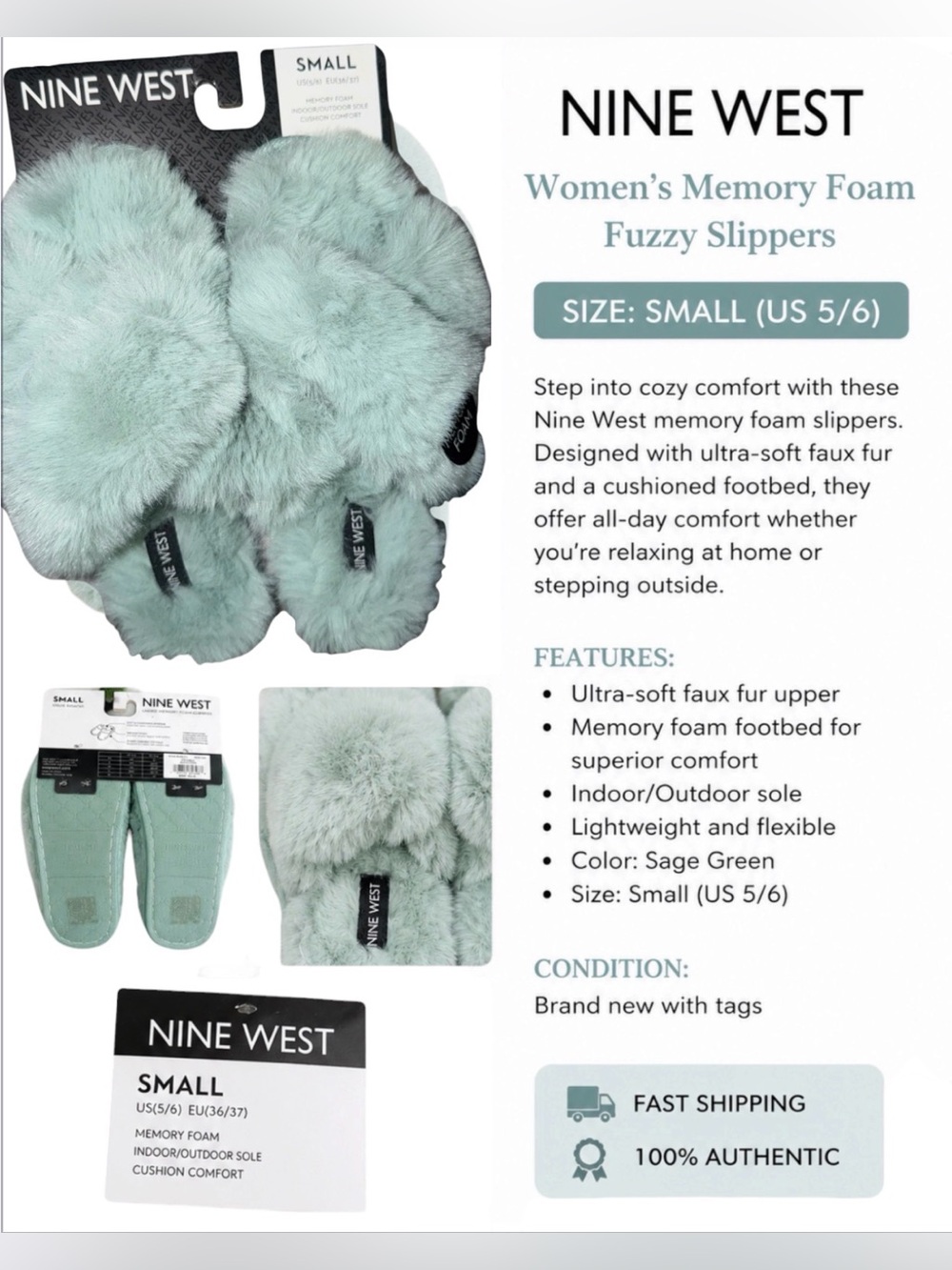 *new* Nine West Women's Fuzzy Memory Foam Slippers - Sage Green - Small (US 5/6)